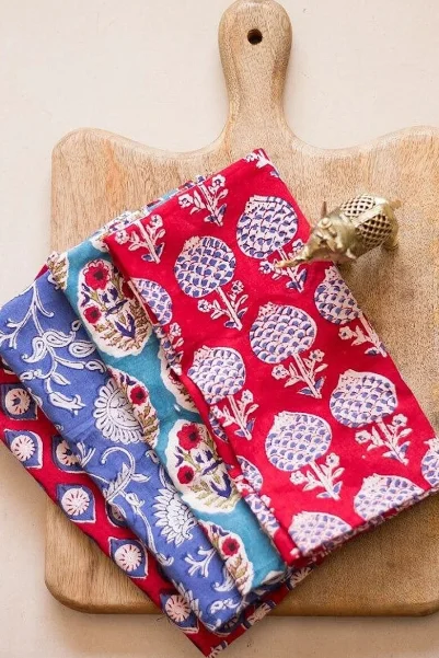 Wholesale Lot of Hand Block Cotton Napkins Assorted Scallop-Edged Kitchen Napkins in Rajasthani Colours