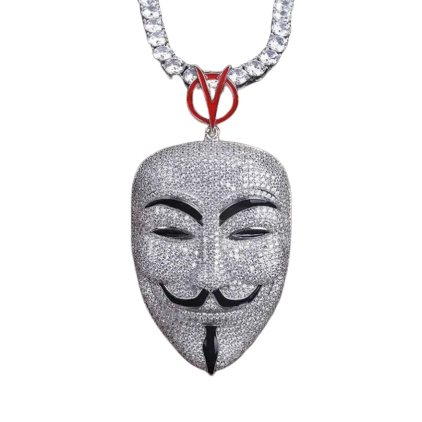 Hip Hop Bling Jewelry Iced Out VVS Moissanite V for Vendetta Pendant Rapper Sterling Silver 925 Custom Mask Pendant
