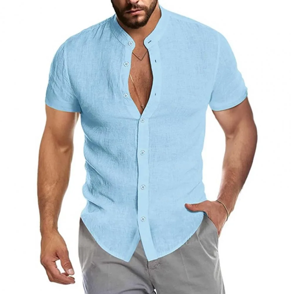 Linen Men Shirt summer 2022 Stand Collar Short Sleeve Beach Shirt V Neck Pocket Men Shirt