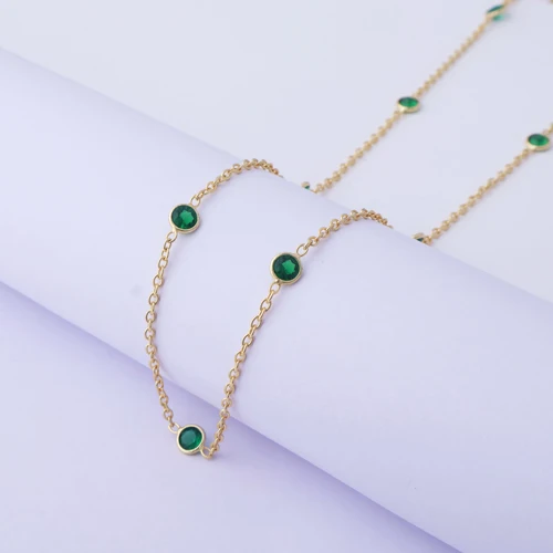 New fashion tiny green emerald quartz round stone necklace gold plated bezel set multi station double layer cable chain  jewelry