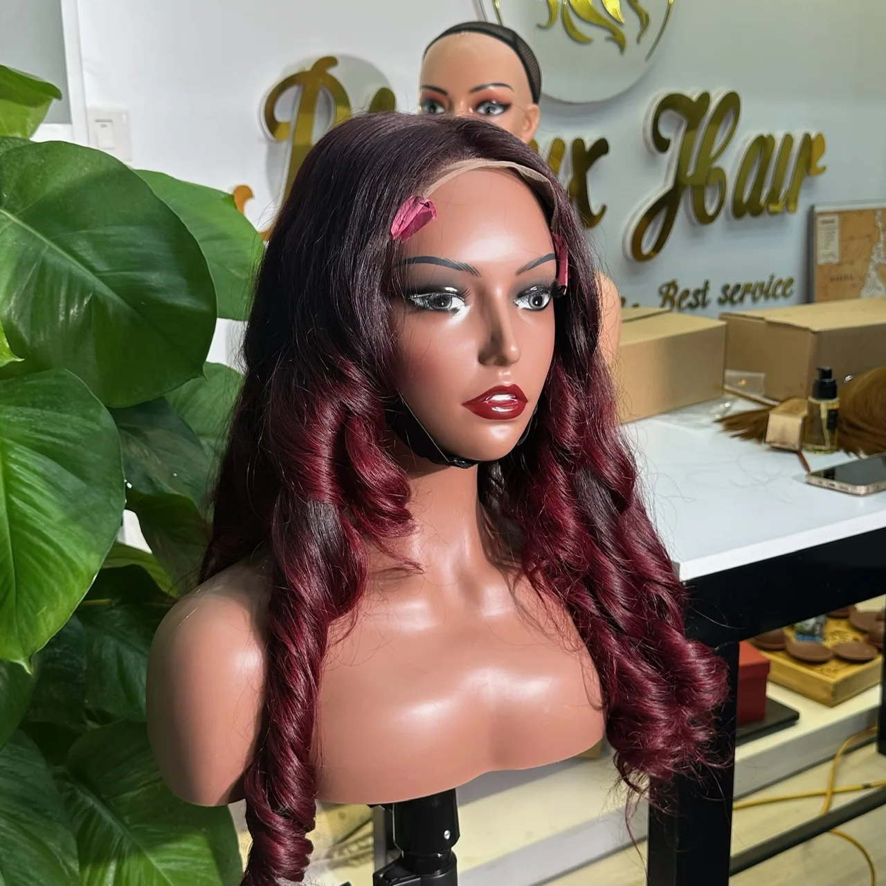 Christmas Sale Customized Ombre Burgundy Bourcy Curl Wigs 100% Vietnamnese Human Hair Soft Luxury Wavy Hair Texture