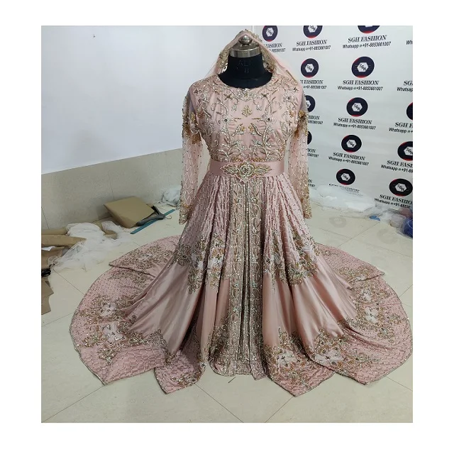 STYLISH & ELEGANT EMBROIDERY OF DABKA, CRYSTAL BEADS,GLASS STONE WORK ON BRIDAL  MOROCCAN KAFTAN WITH TRAIL KAFTAN DRESS