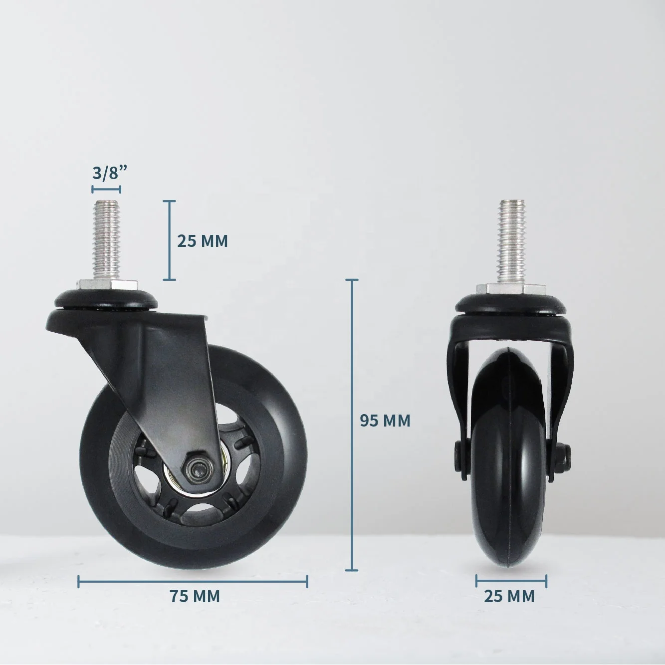 76mm PU Silent Wheels With Industrial 3/8 Threaded Stem Caster