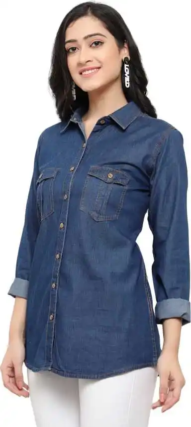 Women Shirts Denim Shirt With Double Bust Pockets Ladies Top Cotton Closure Button Shirt For Women Sws-ws-556
