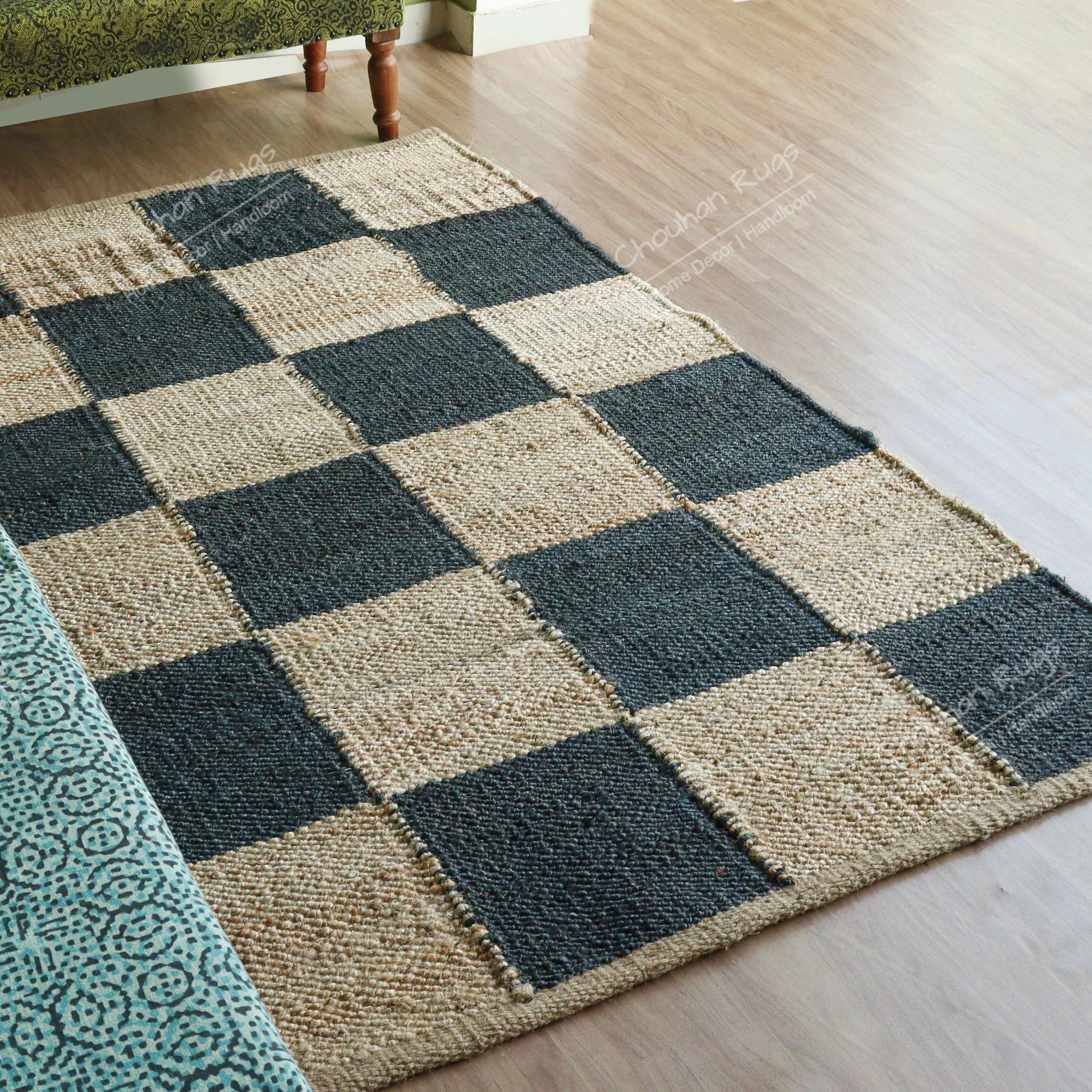 Handwoven Custom Size Checkered Hemp Jute Rug Beige and Black Color Large Area for Home Decor Living Room Door Kitchen