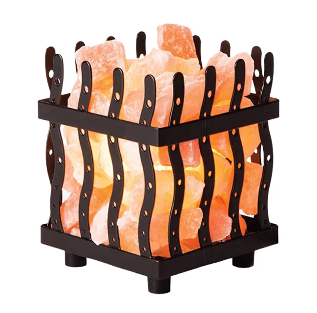 Original pink Natural Himalayan Salt Basket Lamp,Tall Round Metal Crystal Basket Lamp,Night Stand Light For Bedroom Decoration