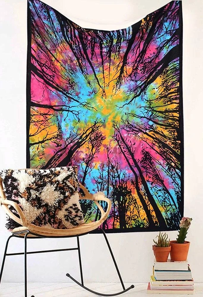 Traditional Colorful Forest Tapestry Psychedelic Tie & Dye Wall Hanging Mandala Tapestry Bohemian Bedspread Hippie Blanket Throw