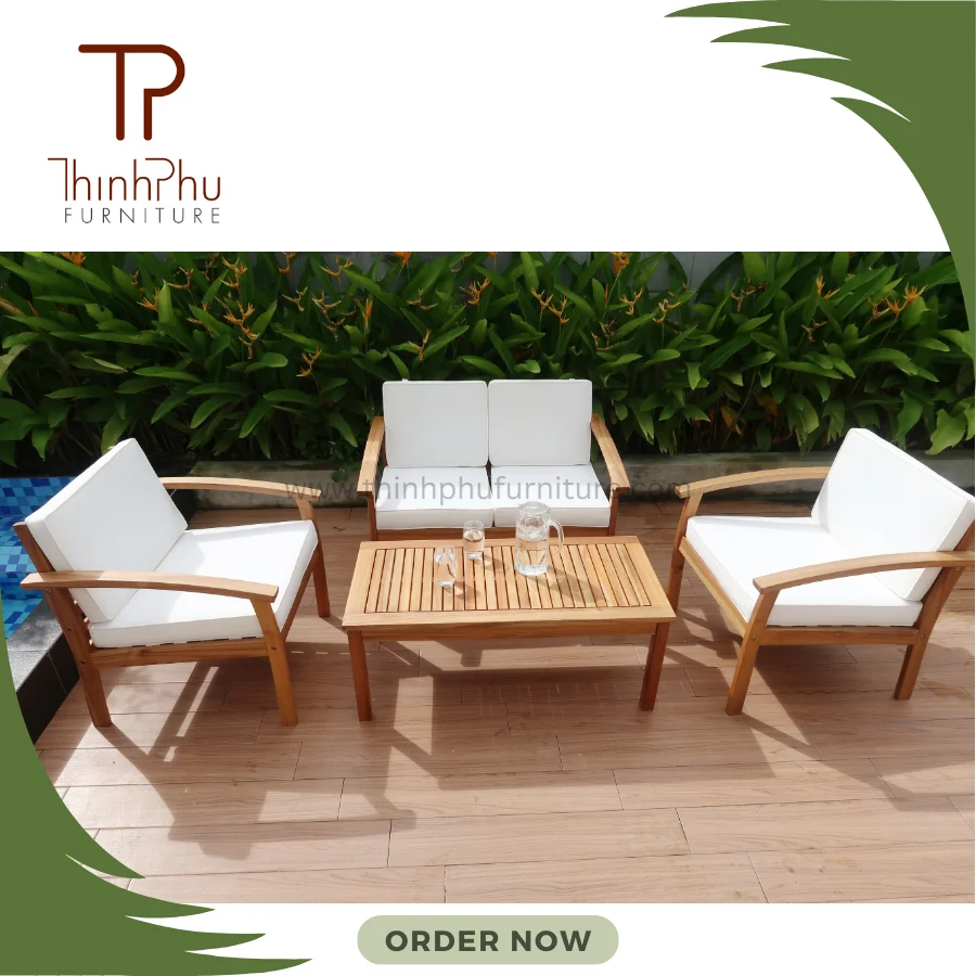 Trendy Style Outdoor Furniture Thick Cushion Sofa Coffee Table with Wood Fabric Composite Style Patio Setting Living Room Use