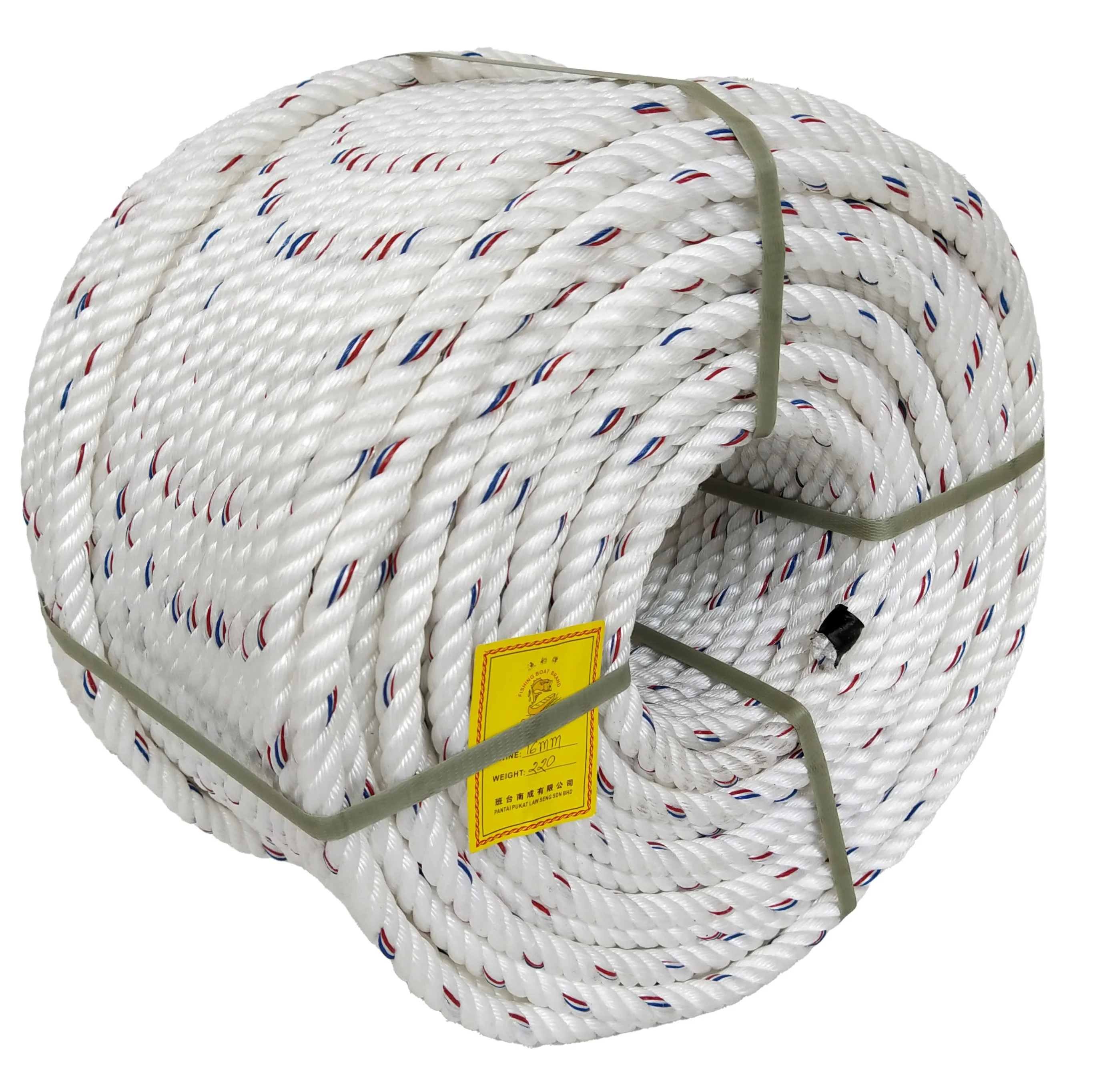 Best Selling Good Quality of 16MM*4S*220M White + Red + Blue PP Rope, Fishing Rope Agriculture, Packaging Rope