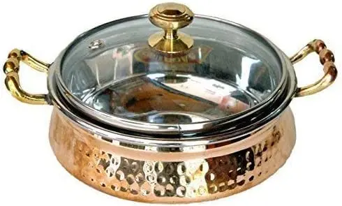Wholesale Prices Indian Manufacturer Mughlai Stainless Steel Copper Hammered Handcrafted Serving Dishes Royal Handi Glass Lid