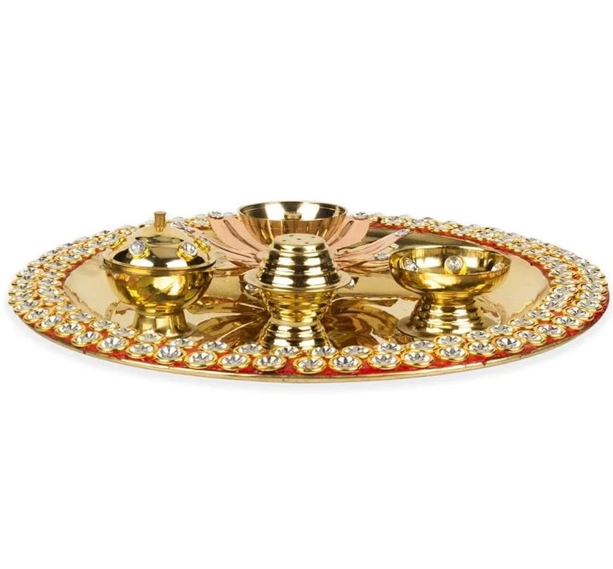 Brass puja plate gold plated puja gift set Plate aarti thali Golden Brass Pooja Article for Diwali Home Decor Temple Office 6-in
