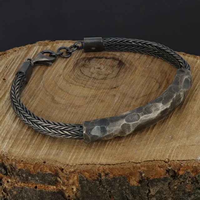 Luxury Made in Italy Man Sterling Silver Bracelet Italian Jewelry Stone Bracelet Hammered Design Customization available
