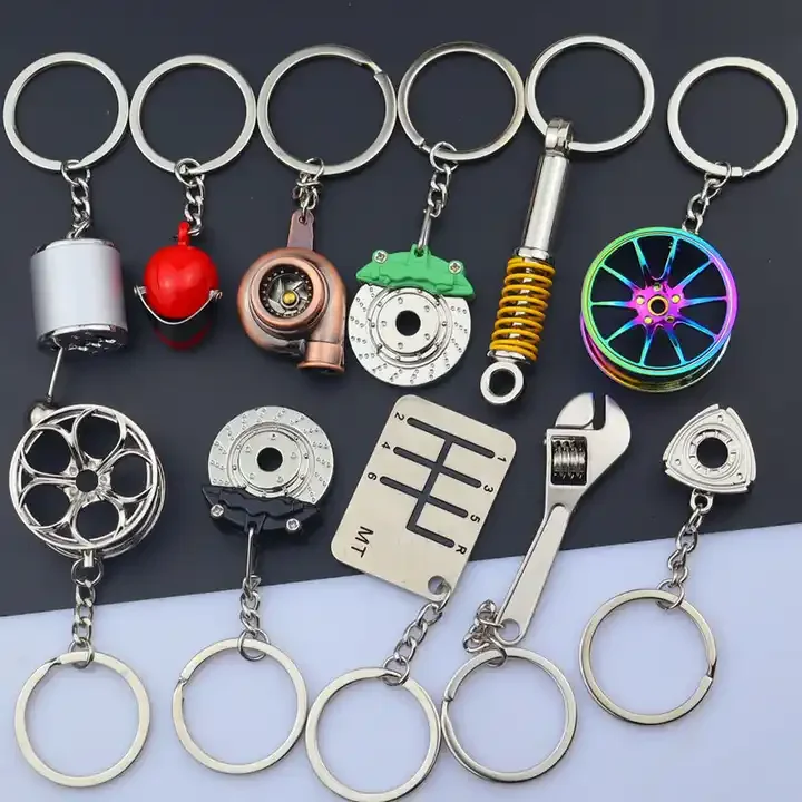 Creative Automotive Car Parts Keychain Set MINI Auto Piston Disc Brake Rotor Turbo Metal Key Chains for Promotion Gift Rings