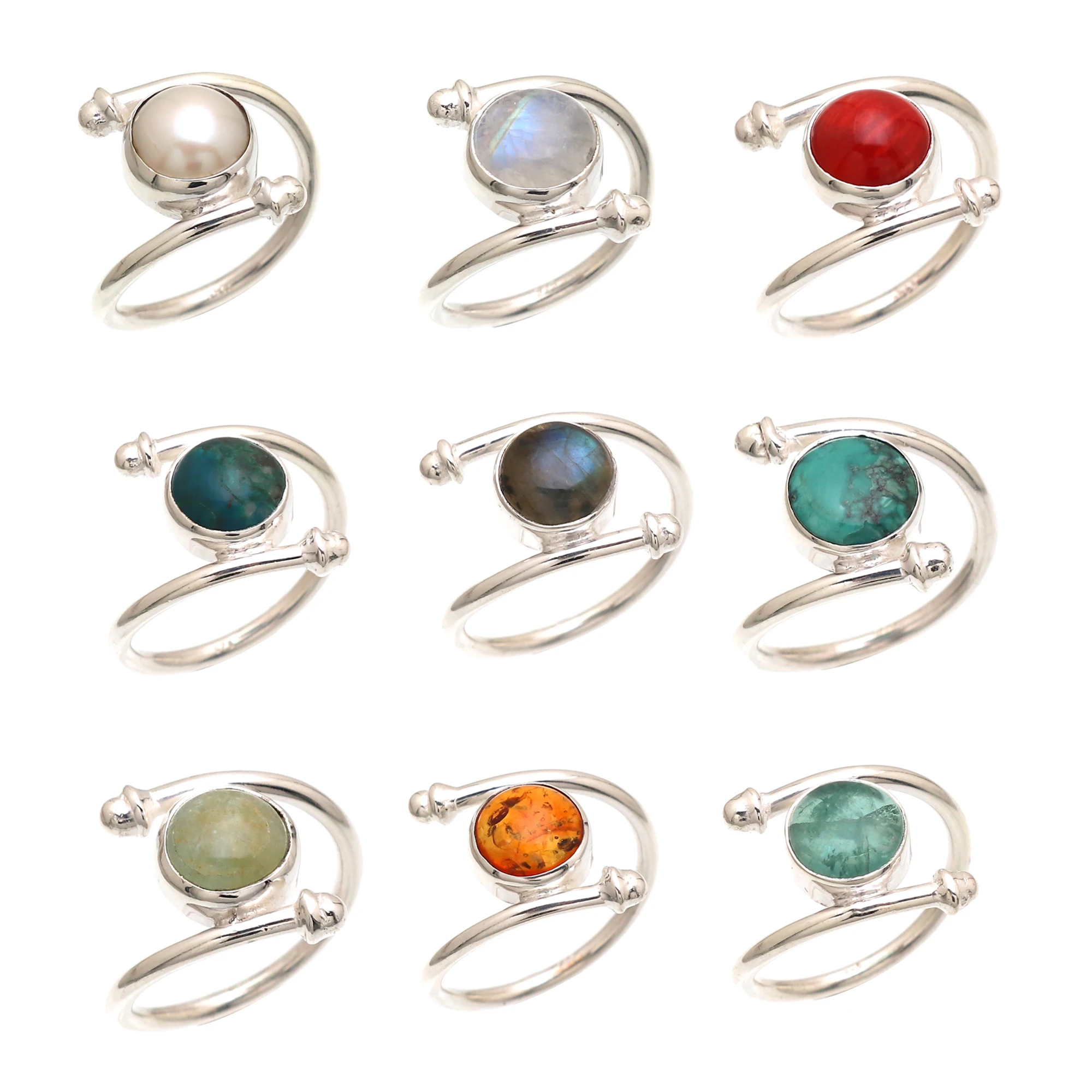 Wholesale Natural 925 Sterling Silver Ring Handmade Birthstone Amethyst Pearl Moonstone Chrysocolla Labradorite Garnet Wedding