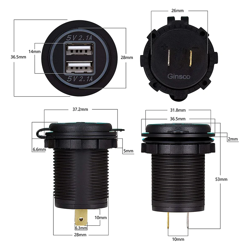 marine rv motorhome waterproof motorcycle usb charger car socket 5v 2.1a output dual port usb bus charger 12 24v