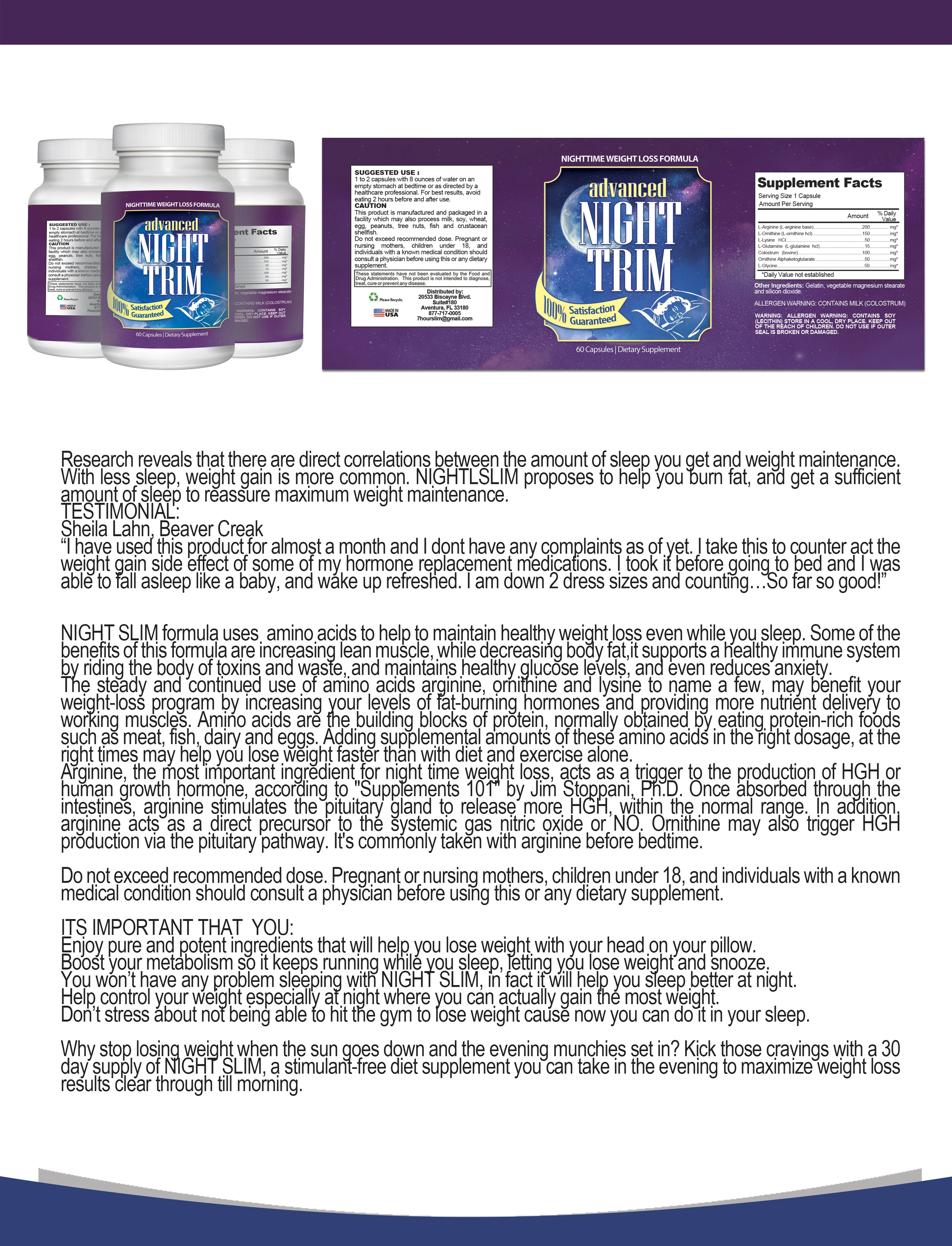 60 Capsules Dietary Supplement Advanced Night Trim Weight Loss Formula