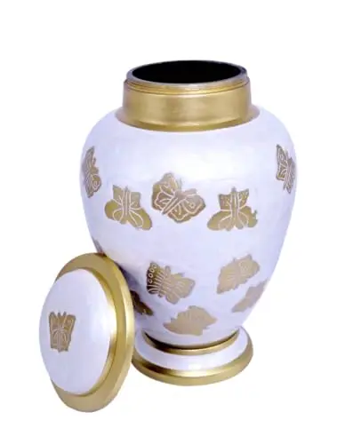 White Funeral Cremation Urn with Gold Butterflies Mariposas Model in Brass for Human Ashes