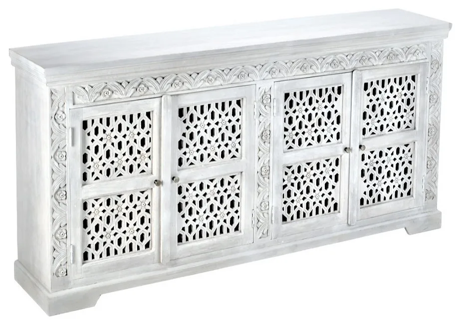 Solid White Mango Wood Sideboard Handcarved for Bedroom Dining Room Hotel Farmhouse Home Bar Furniture with Storage Features