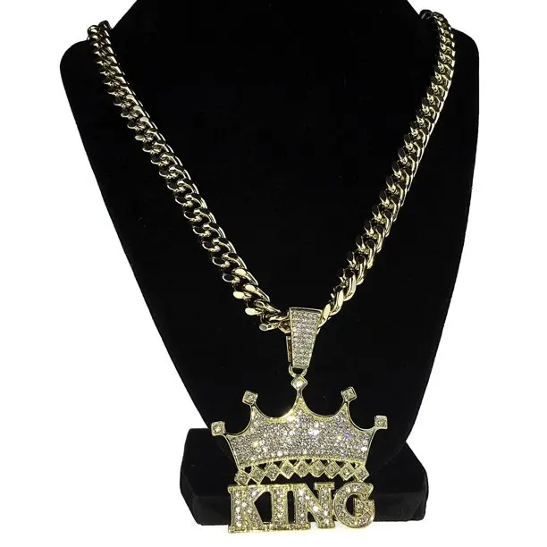 Crown King Hip Hop Pendant Chain Blinged Out Certified Gold Heavy Necklace With Curb Chain For Your Husband