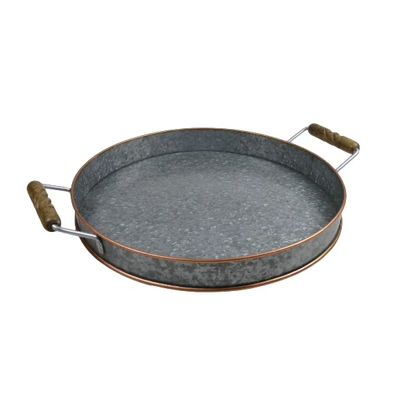 Buy Galvanized Round Decorative Tray With Metal Color Handle With Up And Down Color Border Design Low Prices