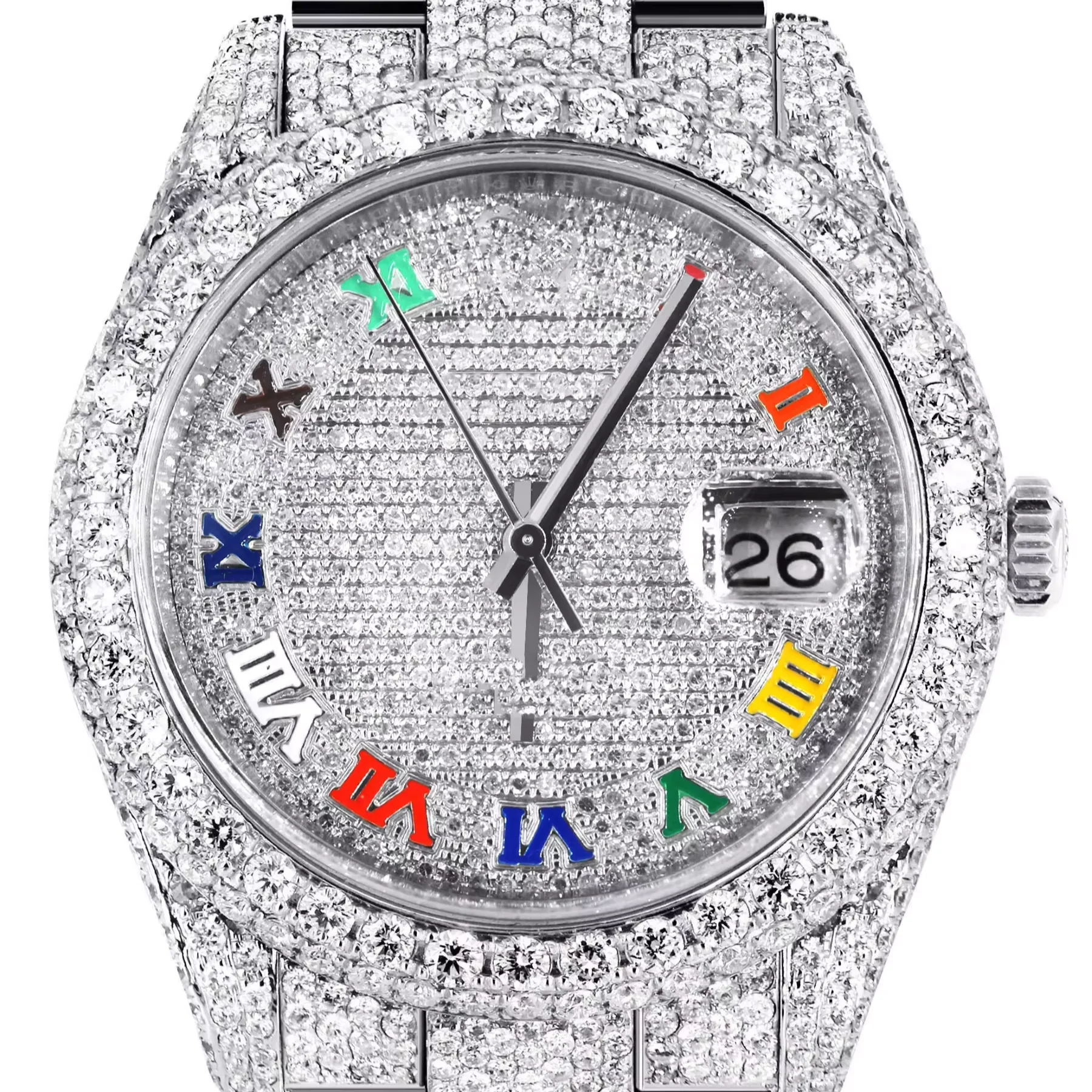 Baguette and Round Lab grown Diamond Studded Fully Iced Out Black Dial Wrist Mechanical Watches for Unisex Luxury Elegant