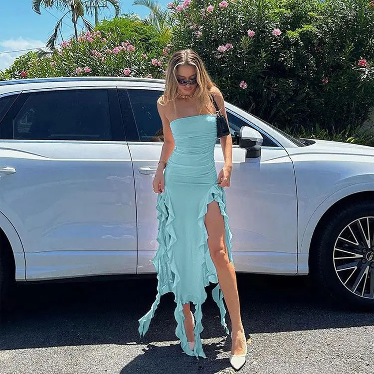 2024 Custom side slit sleeveless bodycon sexy ruffle mesh mini dresses for women wholesale