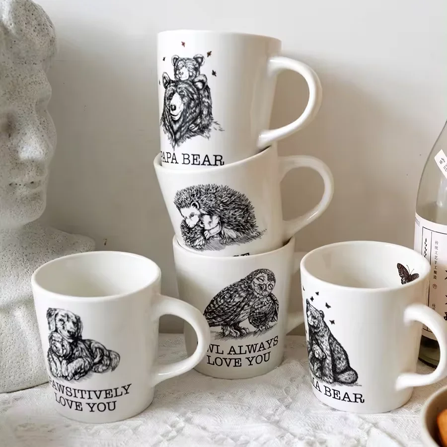 Cute Bear Owl Hedgehog Dog Cat Porcelain Graffiti Ceramic Cup Mug Tea Milk Couple Lovely Cartoon Animal Gift Box Large Capacity