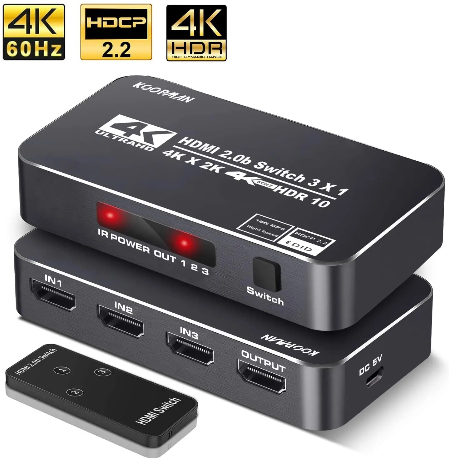 4K HDR HDMI Switcher 3-Port HDMI 2.0 Switcher Selector with IR Wireless Remote Control, UltraHD Dol-by Vision Support