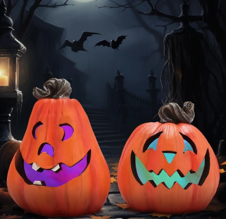 Orange Halloween Pumpkin Statue Set (With Lights) - Resin Pumpkin Monster Statue, Wacky Halloween Decoration for Autumn Home