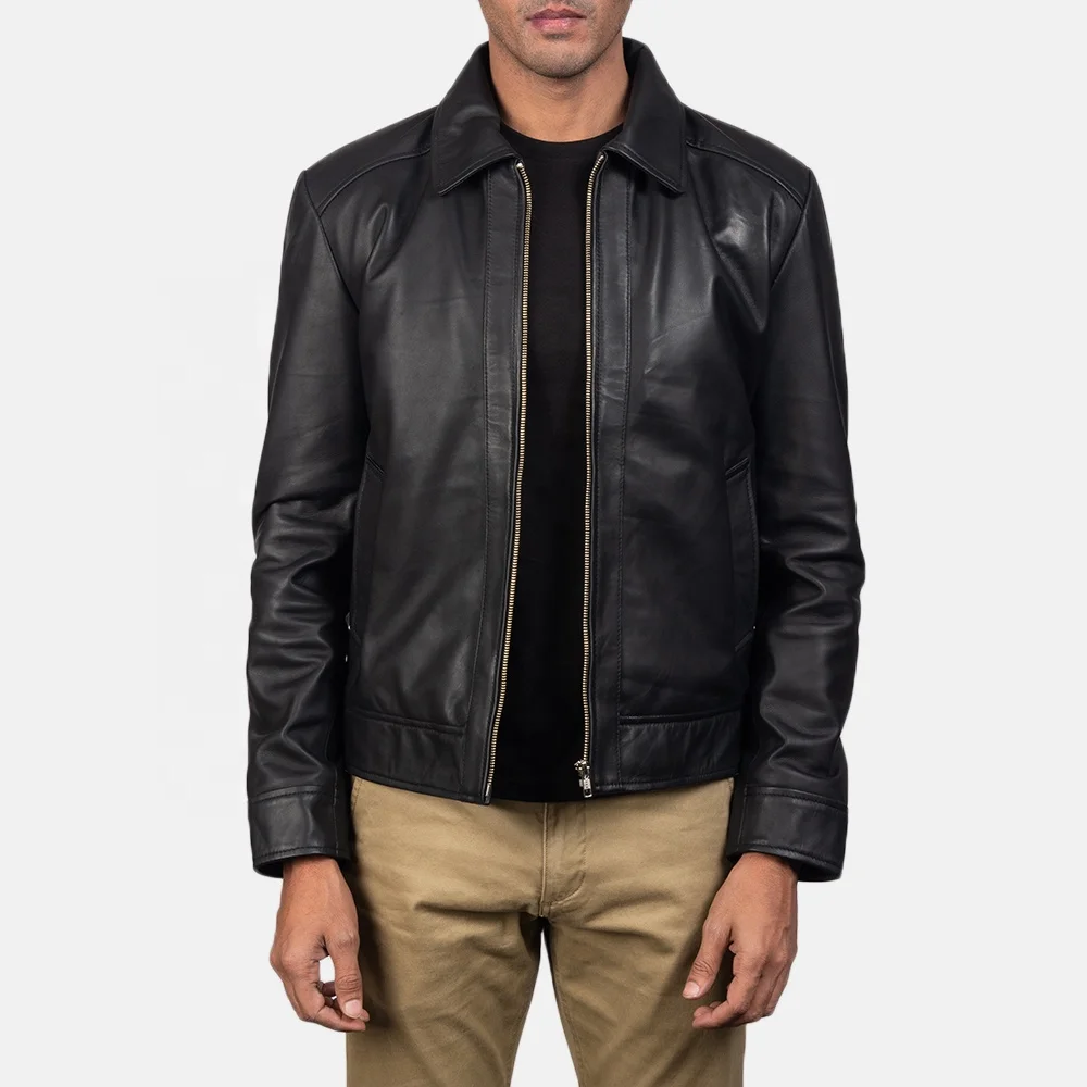 Black  Leather Autumn wear High Quality Embroidery Letters Vintage Cool Leather Jacket for Men with Pockets