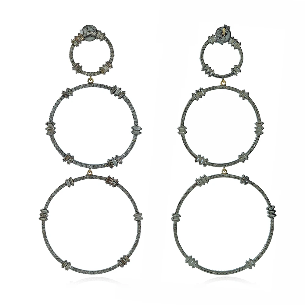 New Design Three Circle Oxidized 925 Silver 14Kt Gold Dangle Drop Diamond Earrings Jewelry Push Back Jewelry