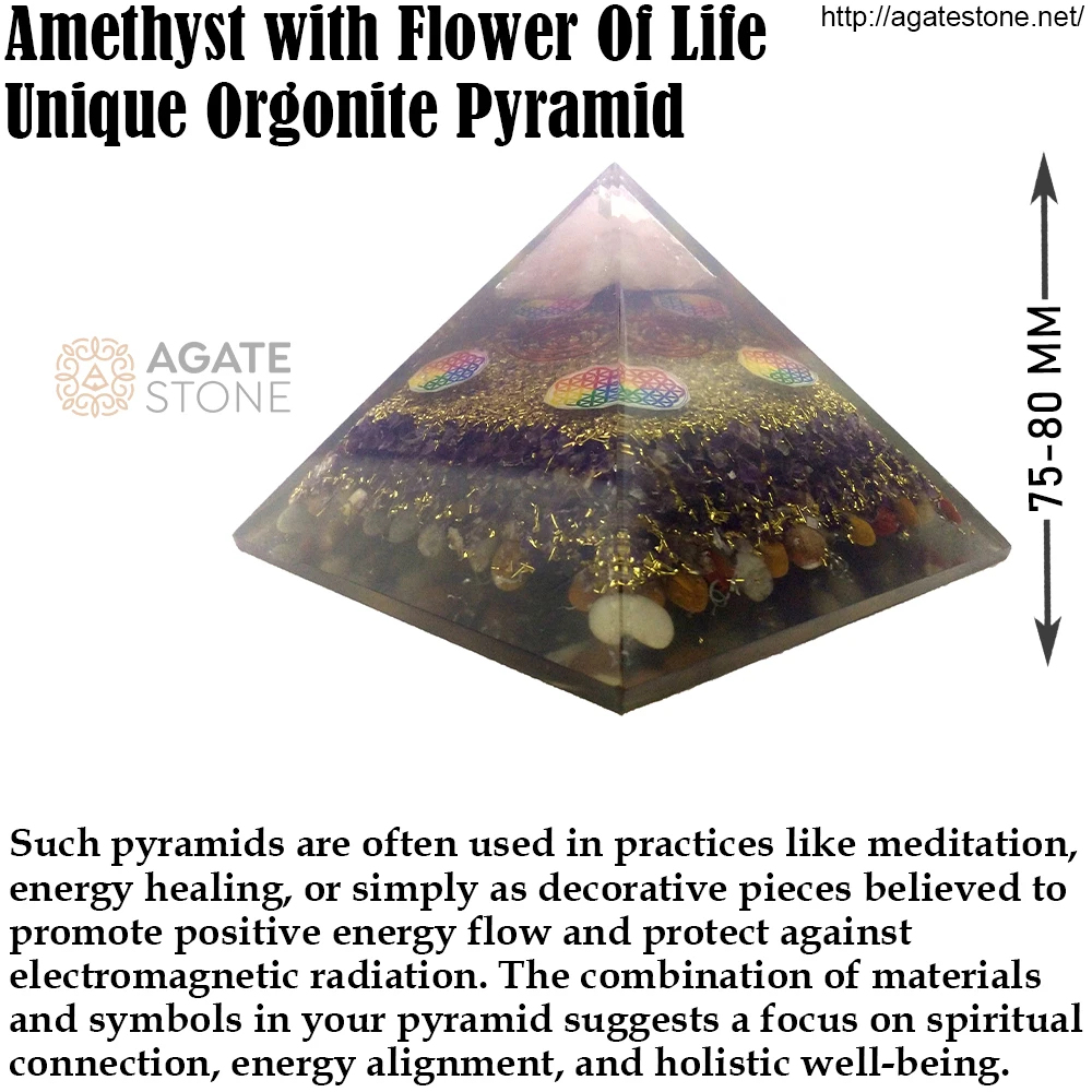 Agate Stone Export 75-80 mm Amethyst Orgonite Pyramid Flower Life (120 Grams) Elevate Your Spirit-Semi-Precious Stone Crafts