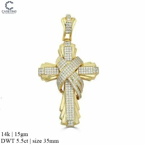 5.5Ct Lab Created Diamond Cross Pendant Pave Set Charm 14K Yellow Gold Plated pendant for mens