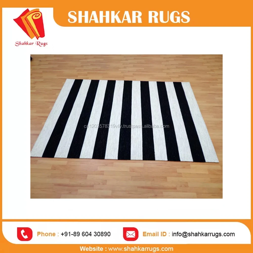 Carpet Rugs Handmade Dhurrie Indian Stripe Flat Weave Wool Black White Classic Rectangle Black & White / Customisable IN;34648