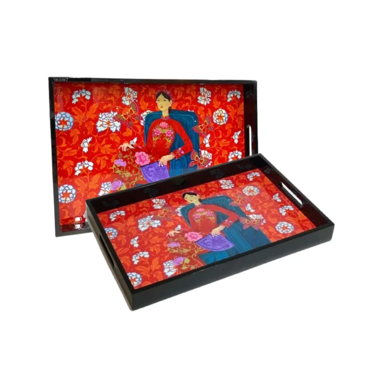 Lacquer Tray Asian Woman With Fan In Red Ao Dai Hand Painted Handicraft Ethnic Style Art Halinhthu Casa Vietnam Manufacturer