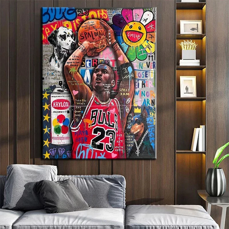 Graffiti Figure Kobe Posters Wall Pop Art With Sun Flower Pictures and prints Canvas Oil Painting For home Living Room Decor