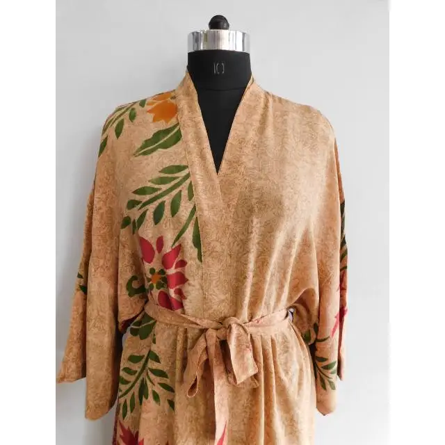 Vintage Crepe Silk Fabric Kimono Robe Floral Print Wholesale Silk Fabric Kimono Jacket For Her