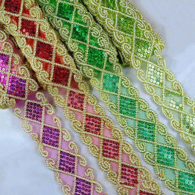 65mm Diy Sewing Material Costume Beaded Sequin Mesh Lace Fabric Diamond-shape Stage Dress Glitter Sequined Edge Lace Trims Gold