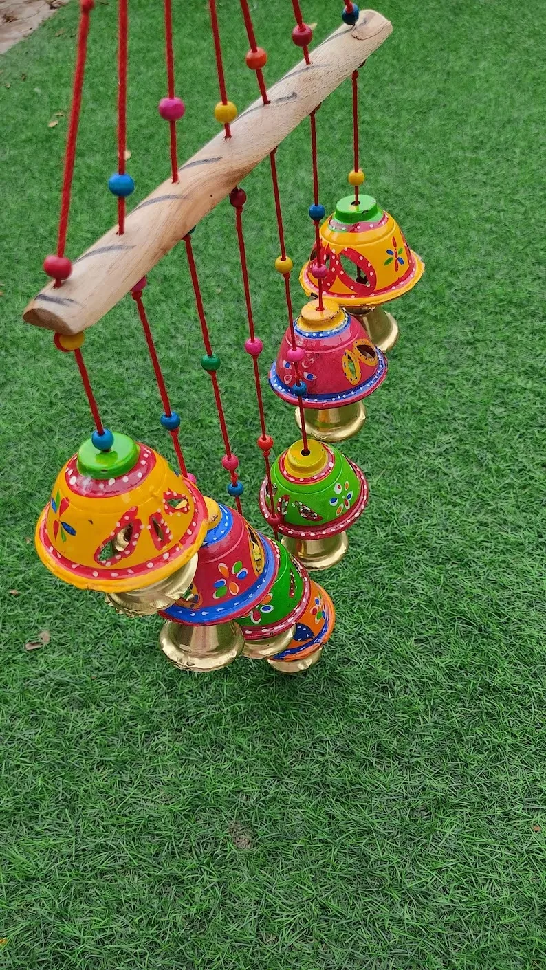 Boho Garden Hanging Bell Wind Chime Dream Catcher MultiColor Beaded Bell Wind Chime for Indoor Outdoor Sun Moon Star Themed Gift