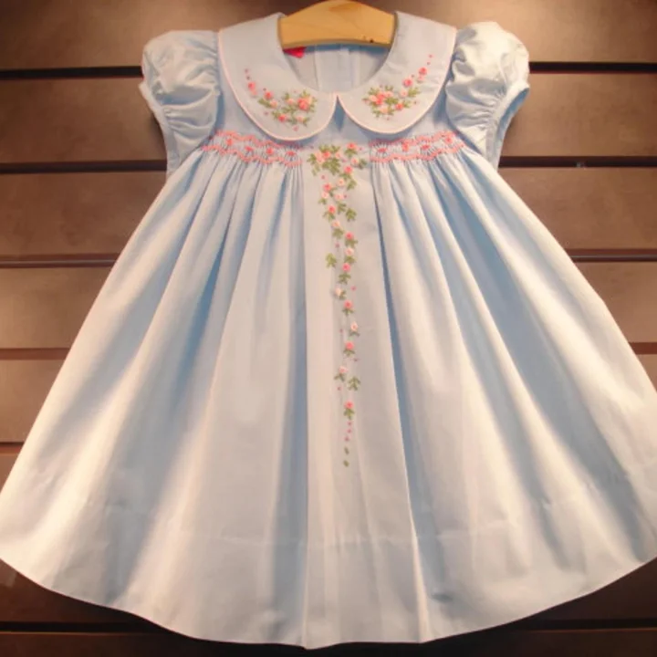 Beautiful NEW Boutique Design Hand Embroidered Smocked Dress Children Baby Girl LIGHT BLUE Ciao Bebe high-quality smocked, nice