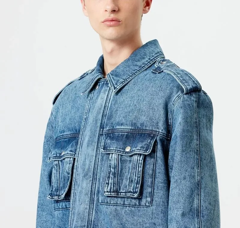 Custom light blue 100% cotton denim washed fleece lining winter jeans jackets men wholesale multi pocket front zip-up coat