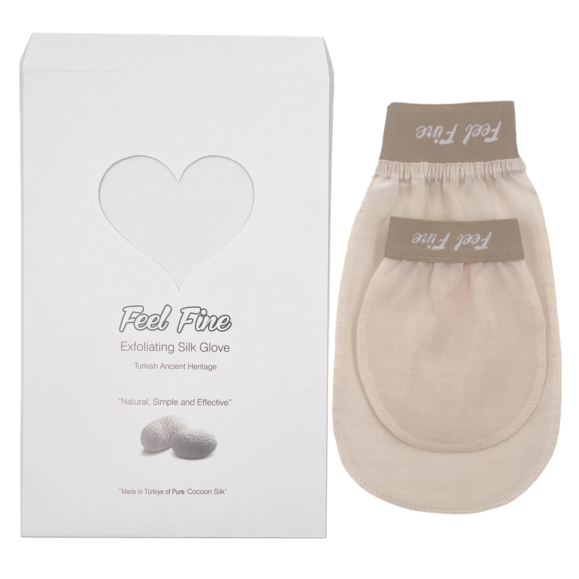 Feel Fine 100% Turkish Raw Cocoon Silk Full Natural Exfoliating Mitt Body and Face Scrubber Bath Mitt Set
