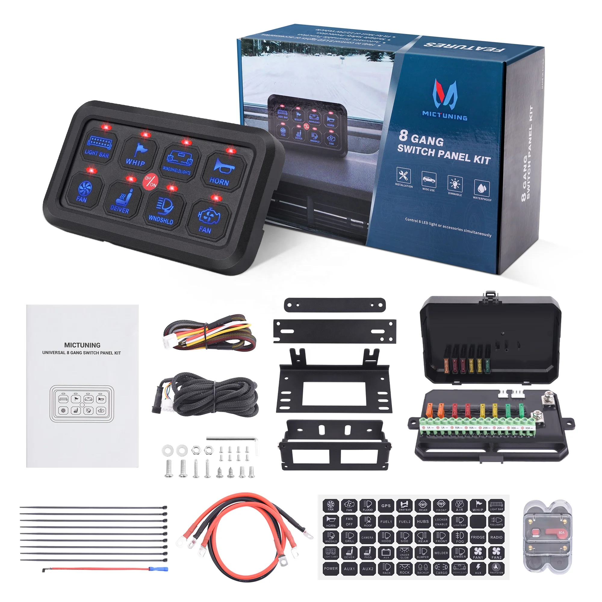 MICTUNING Universal  Push Button Switch Touch Screen Circuit Control Box 8 Gang Switch Panel Kit for Car Truck Pickup Boat