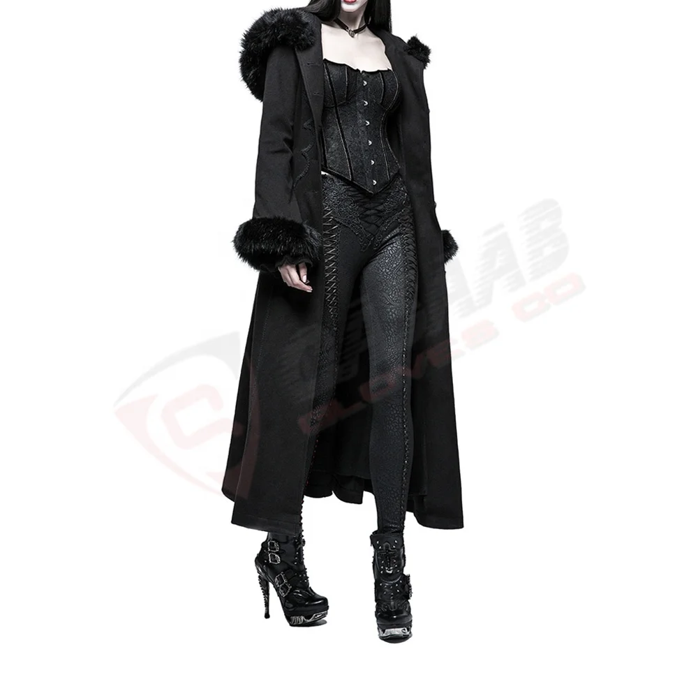 Fashion Hooded Black Winter Longed-Trench Women Breathable-Detachable Fur-Collar Gothic-Victorians Corset-Coat