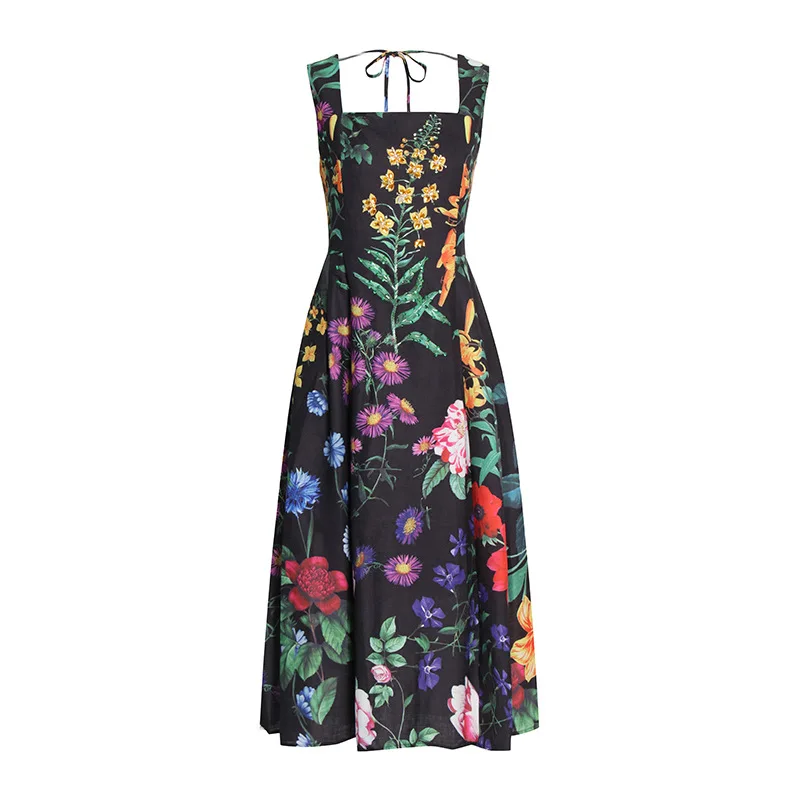 European And American Elegant Style Printed Strap Square Neck Pin Bead Strap Flora Woman Long Maxi Dress Ladies