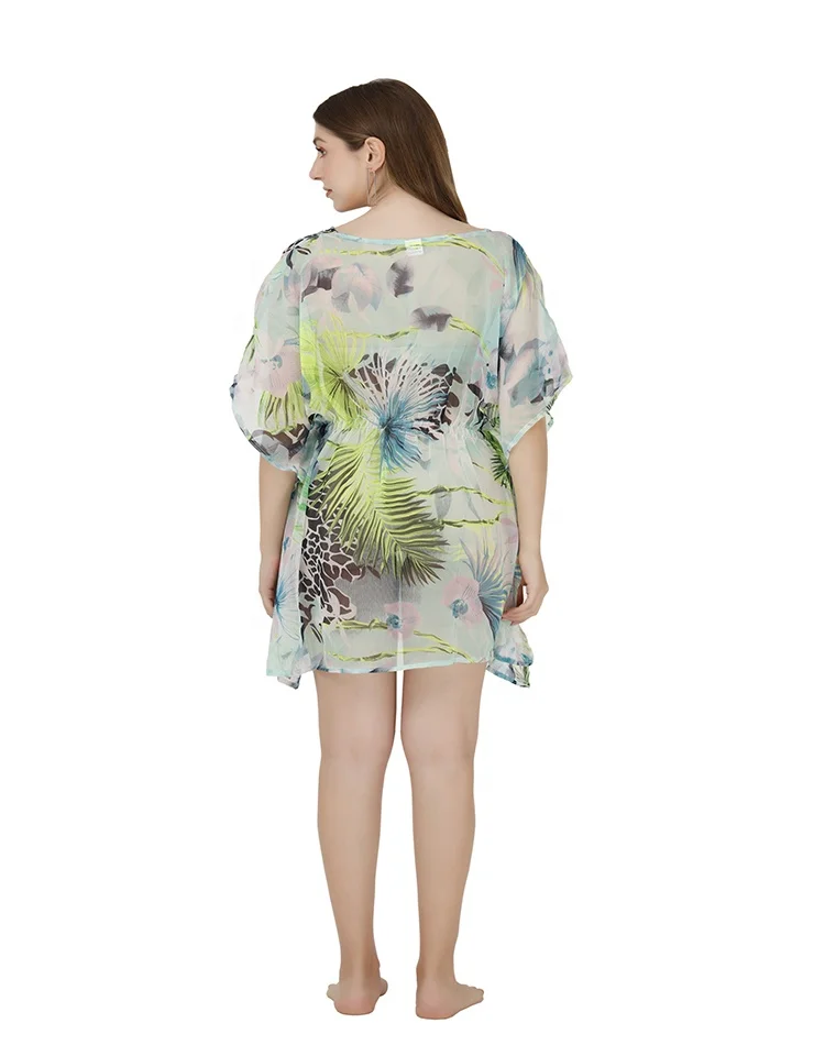 Latest design 100% poly-chiffon v-neckline short printed dress swim beach bikini cover-up swimwear beachwear 2023 caftan