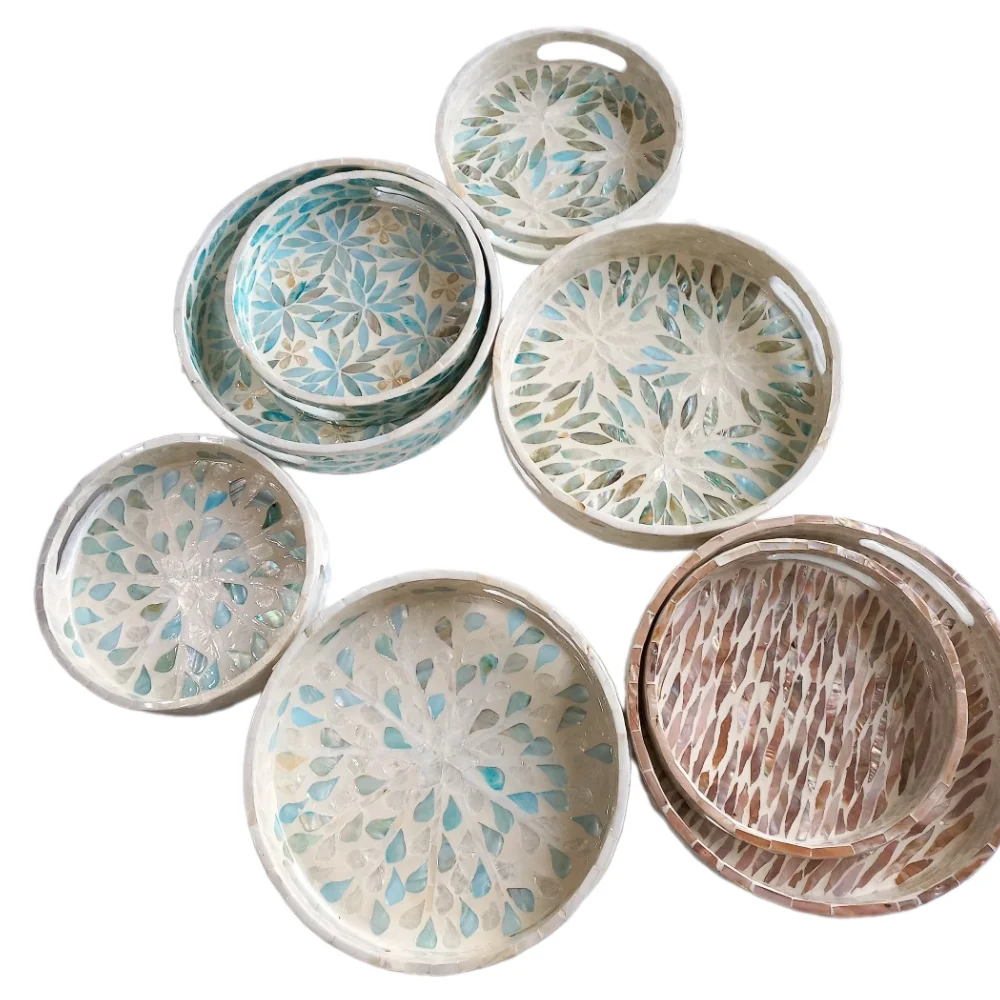Serving round shape tray Mother of pearl Decorative tray Seashell wicker tray dishes plates for design wedding events decor