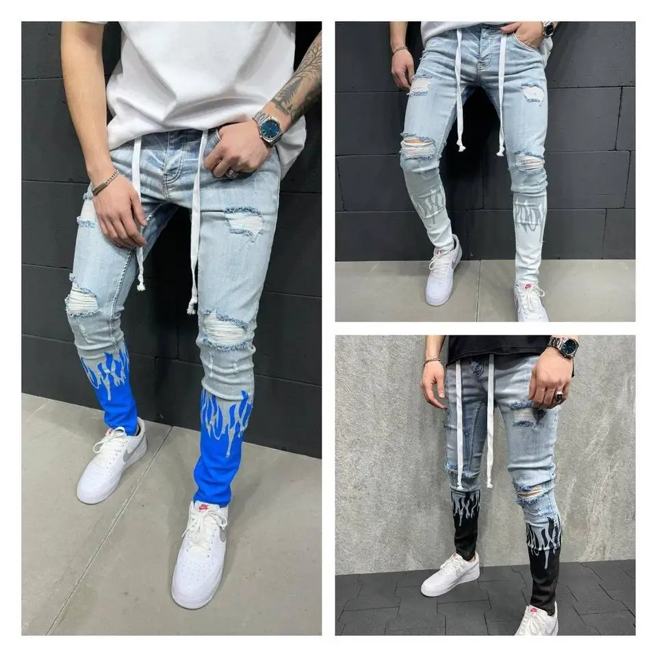 Custom Distressed Washed Black Denim Jeans Pants for men stylish Baggy Hole Super Skinny Jeans