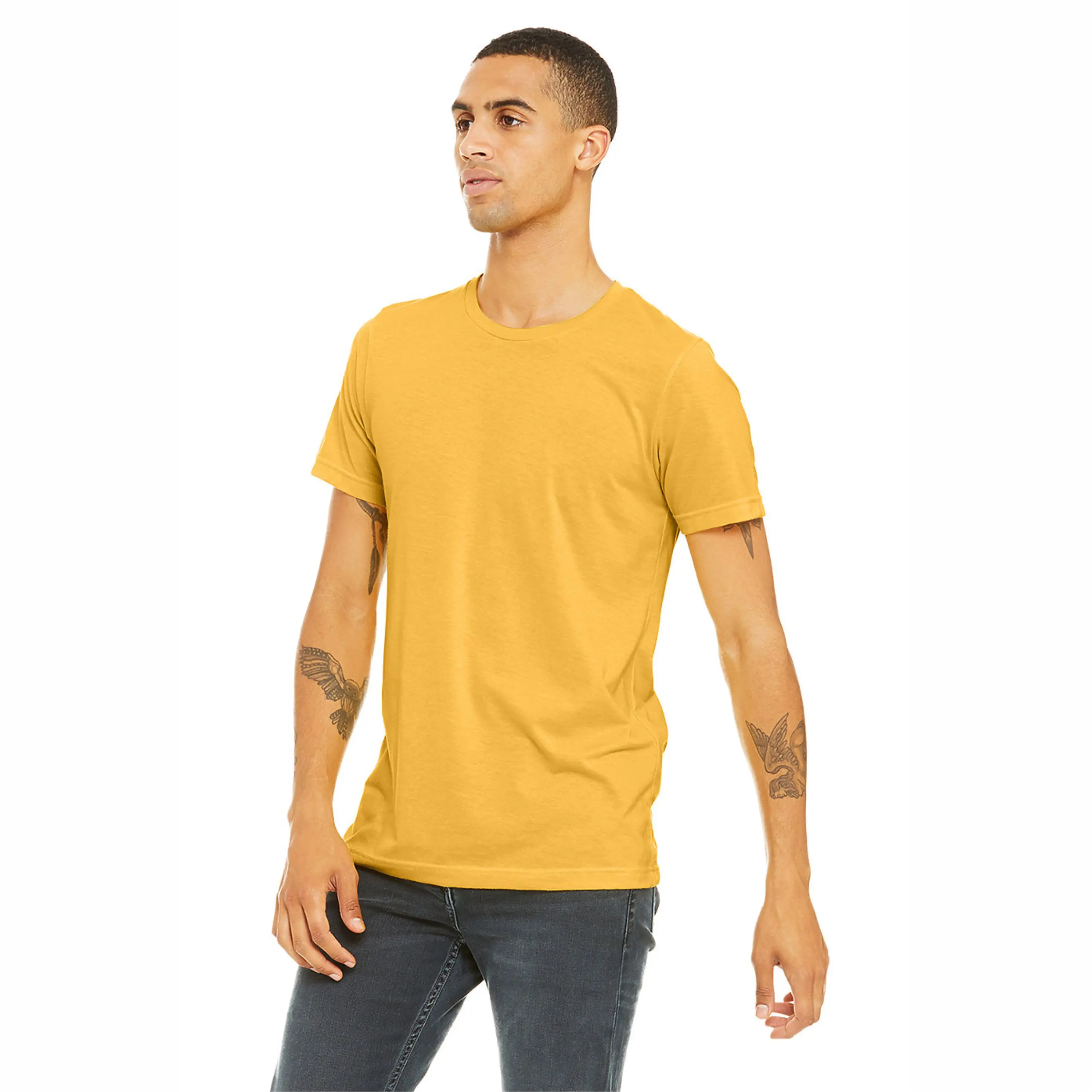 52% Airlume Combed and Ring Spun Cotton 48% Poly 32 Single 4.2 oz Heather Yellow Gold Unisex CVC Short Sleeve T-Shirt