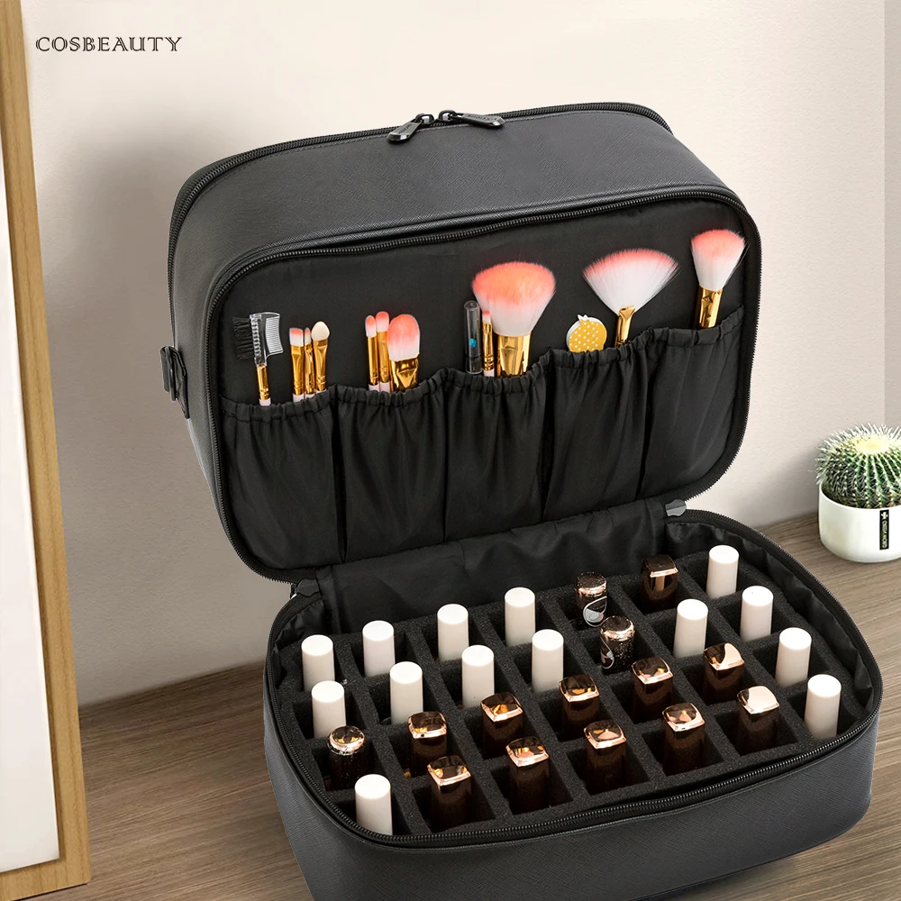 wholesale new custom Portable brush holder Flexible Divider insert makeup bag organizer PU Leather Travel vanity nail case